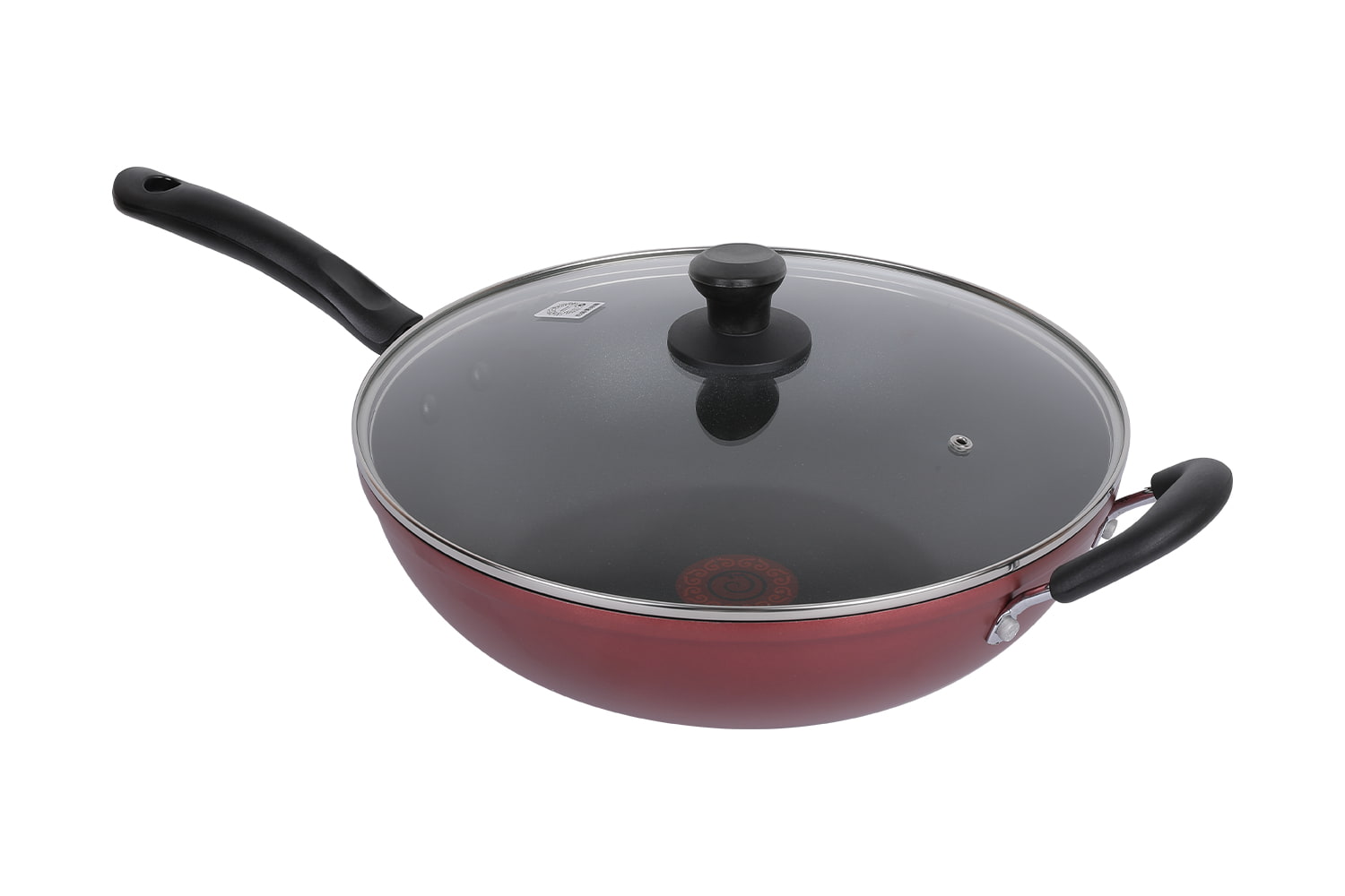 CF32C-CJ772 Flaming Wok-Con coperchio in vetro imitazione pressofusione tampografia fiammeggiante punto rosso 32 wok antiaderente