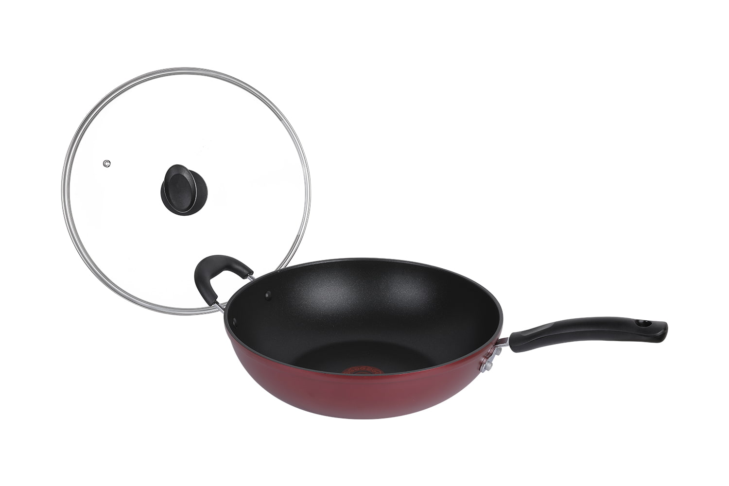 CF32C-CJ772 Flaming Wok-Con coperchio in vetro imitazione pressofusione tampografia fiammeggiante punto rosso 32 wok antiaderente