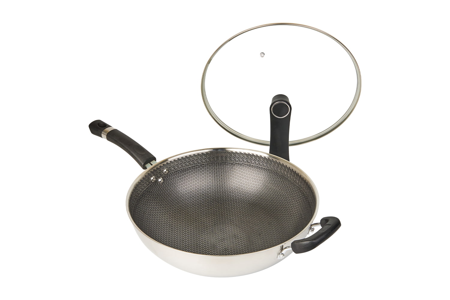 Wok in acciaio inossidabile CF34C-CJ598 con coperchio in vetro, rivestimento antiaderente inciso, resistente ai graffi, per uso domestico